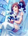  ;d ahoge alternate_costume artist_request belt book bracelet brown_hair dog drill_hair hair_ornament idolmaster idolmaster_million_live! jewelry official_art one_eye_closed open_mouth purple_eyes robot science_fiction short_hair shorts smile sparkle thighhighs yokoyama_nao 