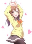  :d bangs black_legwear bow bowtie brown_eyes brown_hair cardigan eyebrows_visible_through_hair grey_skirt heart heart_hands kanabun kunikida_hanamaru long_hair long_sleeves looking_at_viewer love_live! love_live!_sunshine!! miniskirt open_mouth orange_neckwear pantyhose pleated_skirt sailor_collar school_uniform serafuku simple_background skirt smile solo uranohoshi_school_uniform white_background yellow_cardigan 