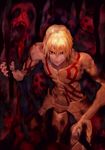  abs blonde_hair bob_(biyonbiyon) crazy_eyes emaciated fate/stay_night fate_(series) faulds ghost gilgamesh grin hair_between_eyes highres holy_grail_(fate) looking_at_viewer male_focus parted_lips red_eyes shirtless smile solo standing tattoo 