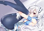  ass azur_lane bili_girl_33 bili_girl_33_(cosplay) bilibili_douga black_legwear breasts cosplay eyebrows_visible_through_hair from_side glint gloves hair_between_eyes hair_ornament heart heart-shaped_pupils highres kamioka_shun'ya knees_on_chest laffey_(azur_lane) long_hair miniskirt pantyhose red_eyes side_ponytail sideboob silver_hair skirt small_breasts solo symbol-shaped_pupils white_gloves 