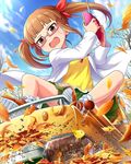  artist_request autumn_leaves brown_eyes brown_hair cloud day full_body glasses green_skirt idolmaster idolmaster_cinderella_girls ikebukuro_akiha labcoat leaf official_art pink-framed_eyewear red_ribbon ribbon robot shoes skirt sneakers socks solo tree twintails 