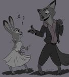  2016 3_toes 4_fingers andyourteeth anthro barefoot canine clothing dancing dipstick_ears disney dress duo female fox grey_background greyscale hi_res jacket judy_hopps lagomorph male mammal monochrome musical_note nick_wilde one_eye_closed open_mouth open_smile pants pidgeon_toed pointing rabbit shirt signature simple_background size_difference smile toes wink zootopia 