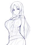  alternate_costume aran_sweater bangs bare_shoulders blush breasts casual closed_mouth cowboy_shot eyebrows_visible_through_hair fate/grand_order fate_(series) hair_ornament hairclip large_breasts long_hair long_sleeves looking_at_viewer minamoto_no_raikou_(fate/grand_order) monochrome ribbed_sweater simple_background skirt smile solo sweater uni8 