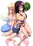  :d bangs black_hair black_swimsuit blonde_hair blue_bra blue_eyes blue_swimsuit bra breasts carrying clara_(girls_und_panzer) cleavage emblem fang food frilled_bra frills fruit full_body girls_und_panzer hand_on_another's_chest innertube katyusha large_breasts lying medium_breasts mermaid mermaid_costume monster_girl multiple_girls name_tag navel nonna on_back one-piece_swimsuit open_mouth pravda_(emblem) sandals school_swimsuit simple_background slingshot_swimsuit smile strapless strapless_bra sw swept_bangs swimsuit underwear v watermelon white_background wrist_cuffs 