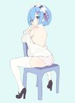  ass bare_shoulders blue_background blue_eyes blue_hair breasts closed_mouth from_behind full_body hair_ornament hairband high_heels lolita_hairband looking_back medium_breasts no_pants off_shoulder panties pink_panties re:zero_kara_hajimeru_isekai_seikatsu rem_(re:zero) short_hair sideboob simple_background sitting sitting_backwards solo thighhighs underwear white_legwear x_hair_ornament xyz_(xiaoyezi) 