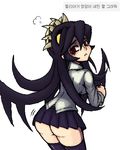  bottomless butt clothed clothing female filia formicid humanoid korean_text looking_back not_furry rear_view red_eyes samson sharp_teeth simple_background skirt skullgirls slit_pupils solo teeth text white_background yellow_eyes 