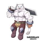  2017 abs anthro belt biceps big_muscles blue_eyes boots clothed clothing darkzerojack feline footwear fur grimoire_of_zero hi_res male mammal melee_weapon mercenary_(character) muscular muscular_male obliques pants pecs standing stripes sword tiger topless triceps weapon white_fur white_tiger 