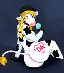  &lt;3 anthro beret big_butt blonde_hair bovine braided_hair breasts butt cattle clothing colored dairy_air dessert ear_piercing eyelashes female food gloves hair hat hladilnik ice_cream looking_back mammal mascot nude piercing saliva saliva_string tattoo 