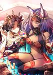  :3 animal_ears aqua_eyes armlet asymmetrical_sleeves bangs black_hair book breasts bridal_gauntlets cleavage crown dark_skin earrings fate/grand_order fate_(series) gem gold hair_ribbon hoop_earrings ishtar_(fate/grand_order) jewelry large_breasts long_hair multiple_girls navel neck_ring parted_bangs purple_hair queen_of_sheba_(fate/grand_order) red_eyes ribbon zeromomo 