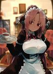  apron bangs black_dress blurry blurry_background breasts commentary_request cup dark_skin dress futatsuki_eru holding indoors large_breasts long_hair long_sleeves looking_at_viewer maid maid_headdress neck_ribbon original parted_bangs pink_hair ponytail red_eyes ribbon saucer solo teacup tray very_long_hair waist_apron 