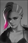  artist_name asymmetrical_hair collarbone earrings jewelry limited_palette overwatch peter_xiao pink_hair solo sombra_(overwatch) spot_color stud_earrings undercut upper_body 