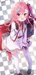  bag black_gloves blush braid chocho_(homelessfox) commentary_request girls_frontline gloves hair_ornament hair_ribbon hexagram long_hair looking_at_viewer negev_(girls_frontline) one_side_up open_mouth pink_hair red_hair ribbon solo star_of_david thighhighs white_legwear younger 