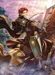  armor back boots cape company_name fire_emblem fire_emblem:_seima_no_kouseki fire_emblem_cipher gloves horse male_focus official_art red_eyes red_hair seth_(fire_emblem) sky solo sparkle sword tree weapon 