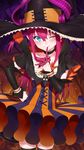  absurdres bangs black_legwear blue_eyes blush capelet closed_mouth commentary_request cowboy_shot detached_sleeves elizabeth_bathory_(fate) elizabeth_bathory_(fate)_(all) elizabeth_bathory_(halloween)_(fate) fate/grand_order fate_(series) finger_to_mouth flat_chest hair_between_eyes halloween hand_on_hip hat highres horns index_finger_raised long_hair looking_at_viewer nezumidoshi purple_hair shushing sidelocks skirt smile solo striped thighhighs tsurime vertical-striped_skirt vertical_stripes witch_hat 