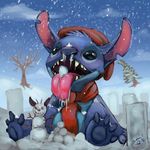  2016 4_toes alien black_eyes blindcoyote blue_claws blue_fur blue_nose claws digital_media_(artwork) digital_painting_(artwork) disney experiment_(species) frozen_saliva frozen_snot fur hat icicle lilo_and_stitch notched_ear open_mouth open_smile saliva scarf signature sitting smile snot snow snowball snowing snowman solo stitch toe_claws toes tongue tongue_out tree winter 