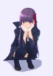  absurdres bangs bb_(fate)_(all) bb_(fate/extra_ccc) black_footwear black_legwear black_skirt blunt_bangs blush choco_lemon closed_mouth convenient_leg emblem eyebrows_visible_through_hair fate/extra fate/extra_ccc fate_(series) gloves hair_ribbon hands_on_own_cheeks hands_on_own_face highres long_hair long_sleeves looking_at_viewer miniskirt open_clothes purple_background purple_eyes purple_hair red_ribbon ribbon shoes simple_background single_sidelock skirt smile solo squatting thighhighs very_long_hair white_gloves 