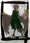  absurd_res ambiguous_gender animal_humanoid avian avian_humanoid blue_eyes brown_feathers brown_hair claws clothed clothing digitigrade feathered_wings feathers fully_clothed green_clothing hair harpy hi_res humanoid jacket kukuruyoart_(artist) legwear looking_at_viewer neck_tuft pants pointy_ears short_hair sleeveless solo spandex standing tail_feathers talons tight_clothing tuft wide_hips wings zipper 