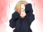  blonde_hair blush closed_eyes commentary ear_piercing hair_over_one_eye hood hood_down hoodie idolmaster idolmaster_cinderella_girls isuna long_sleeves open_mouth piercing shirasaka_koume short_hair sleeves_past_fingers sleeves_past_wrists solo sweat upper_body 