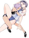  competition_swimsuit hug multiple_girls one-piece_swimsuit pale_skin purple_eyes purple_hair salute short_hair simple_background swimsuit whistle yasuda_suzuhito yozakura_quartet 