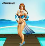  3d aphrodite_(smite) blonde_hair blue_eyes breasts full_body goddess jewelry large_breasts legs legs_together long_hair maxramzz necklace pool self_upload smile smite solo watermark xnalara 
