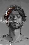  artist_name bare_shoulders beard facial_hair limited_palette lips looking_at_viewer male_focus mccree_(overwatch) overwatch parted_lips peter_xiao smoke smoking solo spot_color 