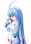  absurdres ahoge alternate_hair_length alternate_hairstyle bad_id bad_pixiv_id blue_hair blush breasts cundodeviant gloves hair_down highres leotard long_hair looking_at_viewer neptune_(series) power_symbol red_eyes small_breasts solo symbol-shaped_pupils white_heart 
