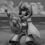 2016 4_fingers 4_toes alien beach blindcoyote claws clothed clothing costume digital_drawing_(artwork) digital_media_(artwork) disney elvis_impersonator elvis_presley experiment_(species) fur greyscale guitar hi_res holding_musical_instrument lilo_and_stitch monochrome musical_instrument notched_ear open_mouth open_smile sea seaside signature sketch smile solo stitch toe_claws toes water 