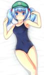  :&lt; armpits bangs bare_arms bare_legs bed_sheet blue_eyes blue_hair blush breasts cabbie_hat closed_mouth collarbone colored_eyelashes commentary covered_navel eyebrows_visible_through_hair from_above furrowed_eyebrows green_hat groin hair_bobbles hair_ornament hands_up hat kawashiro_nitori large_breasts legs legs_together lying medium_hair mofupaka on_back one-piece_swimsuit school_swimsuit sidelocks solo swimsuit taut_clothes taut_swimsuit thighs touhou twintails two_side_up 