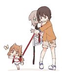  animal_ears bangs blush brown_eyes brown_hair bug butterfly carrying casual dog_ears dog_tail fud girls_und_panzer insect itsumi_erika kemonomimi_mode leash multiple_girls nishizumi_maho nishizumi_miho short_hair shorts size_difference tail tail_wagging tears 
