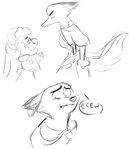 2016 absurd_res anthro black_and_white canine caprine claude_frollo clothed clothing crossdressing crossover dawn_bellwether digital_drawing_(artwork) digital_media_(artwork) disgusted disney ear_piercing esmeralda_(victor_hugo) female fox grin hi_res judylavernehopps male mammal monochrome nick_wilde parody piercing sheep sketch smile sweat the_hunchback_of_notre_dame zootopia 