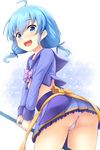 :d ahoge arched_back ass bangs blue_eyes blue_hair blue_skirt blush commentary_request delphinium_(flower_knight_girl) eyebrows_visible_through_hair flat_chest flower_knight_girl hair_between_eyes holding lace lace-trimmed_skirt long_sleeves looking_at_viewer open_mouth panties pantyshot pantyshot_(standing) pleated_skirt sailor_collar school_uniform serafuku skirt smile solo standing thighs twintails underwear uni8 upskirt white_background white_panties 