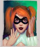  artist_name batman_(series) black_nails blue_nails dc_comics face harley_quinn lips lipstick looking_at_viewer makeup nail_polish open_mouth orange_hair peter_xiao purple_eyes red_nails solo twintails upper_body 