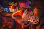  absurdres alternate_costume alternate_hair_color alternate_hairstyle ambitious_elf_jinx blonde_hair candy candy_cane christmas commentary food freckles gift hat highres jinx_(league_of_legends) league_of_legends looking_at_viewer lying monori_rogue naughty_face on_back pantyhose santa_hat solo tongue tongue_out 