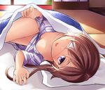  blanket blush breasts brown_hair cleavage commentary_request downblouse eyepatch futon highres long_hair looking_at_viewer lying medical_eyepatch neit_ni_sei nochise_karin on_back one_eye_covered open_mouth original pillow purple_eyes shiny shiny_skin small_breasts smile solo tatami thighs under_covers 