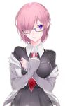  bad_id bad_pixiv_id bangs black_dress breasts collared_shirt commentary dress eyebrows_visible_through_hair fate/grand_order fate_(series) glasses gomi_(u_ronche) hair_over_one_eye head_tilt highres large_breasts light_particles light_smile lips lipstick long_sleeves looking_at_viewer makeup mash_kyrielight necktie off_shoulder pink_hair pointing pointing_at_self purple_eyes red_neckwear shirt short_hair sidelocks simple_background sleeves_past_wrists solo swept_bangs tareme upper_body white_background white_shirt 