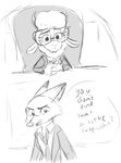  2016 anthro canine caprine clothed clothing comic dawn_bellwether dialogue digital_drawing_(artwork) digital_media_(artwork) disney english_text eyewear female fox glasses greyscale hi_res judylavernehopps looking_at_viewer male mammal monochrome necktie nick_wilde sheep sketch suit text zootopia 