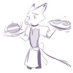  2016 absurd_res anthro apron canine clothed clothing crossdressing digital_drawing_(artwork) digital_media_(artwork) disney fox fully_clothed hi_res holding_object judylavernehopps male mammal monochrome nick_wilde pants purple_and_white questioning raised_eyebrow simple_background sketch solo standing teapot tray white_background zootopia 