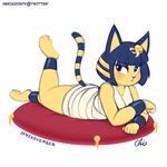  2017 animal_crossing ankha anthro cat clothed clothing egyptian feline female hair hi_res looking_at_viewer lying mammal nekocrispy nintendo on_front short_hair simple_background solo video_games white_background 