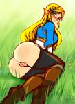  1girl ass blonde_hair blush green_eyes inuki long_hair looking_at_viewer lying nintendo on_side pants_down pointy_ears princess_zelda pussy solo the_legend_of_zelda uncensored 