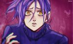  1boy close-up eyelashes freckles jojo_no_kimyou_na_bouken male_focus purple_hair ribbed_sweater sempon_(doppio_note) solo sweater turtleneck vento_aureo vinegar_doppio wide-eyed yellow_eyes 