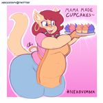  2017 anthro apron blue_eyes brown_hair cat cindy_(nekocrispy) clothed clothing cupcake dialogue ear_piercing english_text eyewear feline female food fully_clothed glasses hair hi_res mammal nekocrispy open_mouth overweight overweight_female piercing pigtails pink_nose solo text 