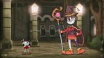  1girl 30s andro_juniarto bandaged_leg bandages bomb brown_hat commentary crossover cuphead cuphead_(game) dress english_commentary evil_grin evil_smile gameplay_mechanics gloves grin hat kono_subarashii_sekai_ni_shukufuku_wo! megumin oldschool parody personification red_dress red_eyes signature smile staff style_parody witch_hat 