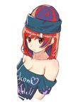  ai_ken bare_shoulders black_shirt breasts closed_mouth clothes_writing collarbone hecatia_lapislazuli highres looking_at_viewer medium_breasts off-shoulder_shirt polos_crown red_eyes red_hair shirt simple_background solo t-shirt touhou upper_body white_background 