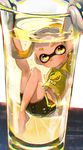  bangs barefoot bike_shorts black_shorts blonde_hair bubble chromatic_aberration closed_mouth clothes_writing commentary cup domino_mask drinking_glass food fruit full_body highres in_container inkling inkling_(language) kashu_(hizake) knee_up leg_up lemon lemon_slice lemonade long_hair looking_away looking_up mask minigirl monster_girl pointy_ears shirt short_eyebrows shorts single_vertical_stripe solo splatoon_(series) splatoon_2 submerged t-shirt tentacle_hair yellow_eyes yellow_shirt 