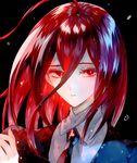  ahma androgynous black_background black_neckwear black_shirt collared_shirt eyebrows_visible_through_hair fingernails gem_uniform_(houseki_no_kuni) houseki_no_kuni long_hair looking_at_viewer nail_polish necktie parted_lips puffy_sleeves red_eyes red_hair red_nails shinsha_(houseki_no_kuni) shirt simple_background solo upper_body white_shirt wing_collar 