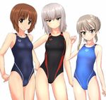  absurdres arena_(company) arms_behind_back black_swimsuit blue_eyes blue_swimsuit breasts brown_eyes brown_hair competition_swimsuit contrapposto cowboy_shot eyebrows_visible_through_hair flat_chest girls_und_panzer grey_swimsuit highres itsumi_erika light_brown_hair logo long_hair looking_at_viewer multiple_girls nishizumi_miho one-piece_swimsuit parted_lips shimada_arisu short_hair silver_hair small_breasts standing swimsuit takafumi thigh_gap tied_hair 