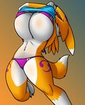  2017 anthro big_breasts bikini breasts clothed clothing clothing_lift creatiffy digimon female fur gradient_background huge_breasts invalid_tag long_tail markings midriff multicolored_fur open_mouth purple_markings renamon shirt shirt_lift simple_background swimsuit two_tone_fur undressing white_fur yellow_fur 