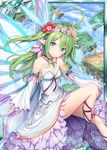  akkijin blue_eyes blue_sky boots breasts butterfly_wings card_(medium) dress flower green_hair hair_flower hair_ornament island jewelry necklace official_art pixie_servant_(shinkai_no_valkyrie) pointy_ears shinkai_no_valkyrie sitting sky small_breasts solo white_dress wings 