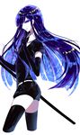  absurdres androgynous ass bangs black_gloves black_legwear blue_eyes blue_hair blunt_bangs commentary elbow_gloves from_side gem_uniform_(houseki_no_kuni) gloves highres houseki_no_kuni lapis_lazuli_(houseki_no_kuni) long_hair looking_at_viewer puffy_short_sleeves puffy_sleeves sheya short_shorts short_sleeves shorts simple_background smile solo sparkle thighhighs very_long_hair white_background 