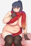  black_hair black_legwear blue_eyes blush brown_gloves closed_mouth eyebrows_visible_through_hair fat fur_trim gloves highres itou_yukino naked_scarf navel nude orizen ponytail real_drive red_scarf scarf simple_background sitting smile solo thighhighs white_background 
